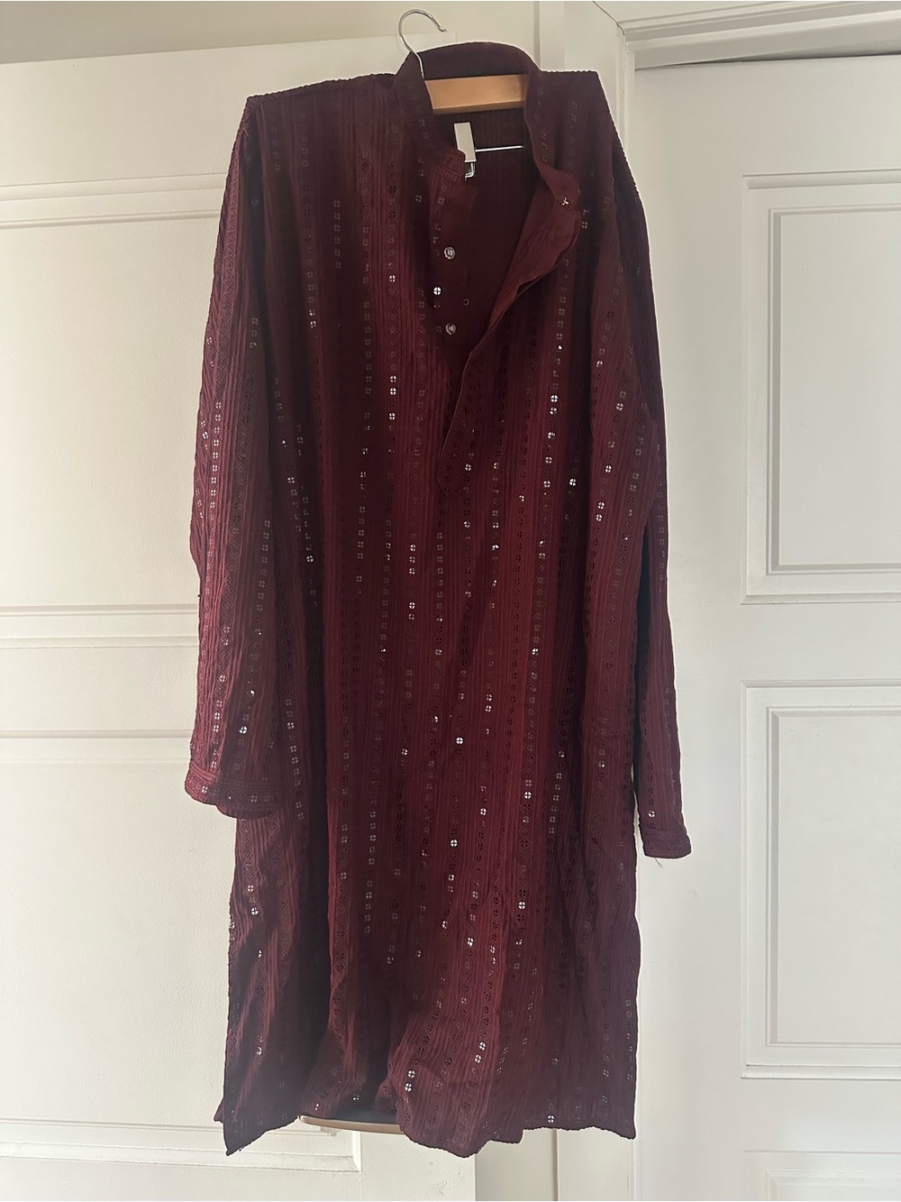 Men's sari palace kurta Long Sleeve Band Collar Shirt - Burgundy sequin - Picture 5 of 7
